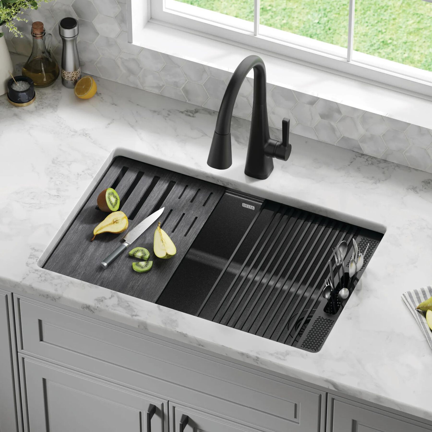30&rdquo; Granite Composite Workstation Kitchen Sink Undermount Single Bowl with WorkFlow&trade; Ledge and Accessories in Metallic Black